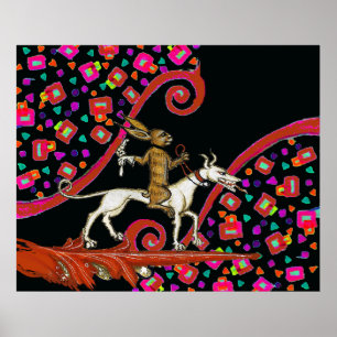 RARE MIDDELEEUWSE BESTIARY Konijn Rijden op een Wi Poster