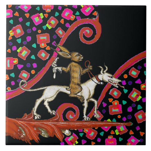 RARE MIDDELEEUWSE BESTIARY Konijn Rijden op een Wi Tegeltje (Voorkant)