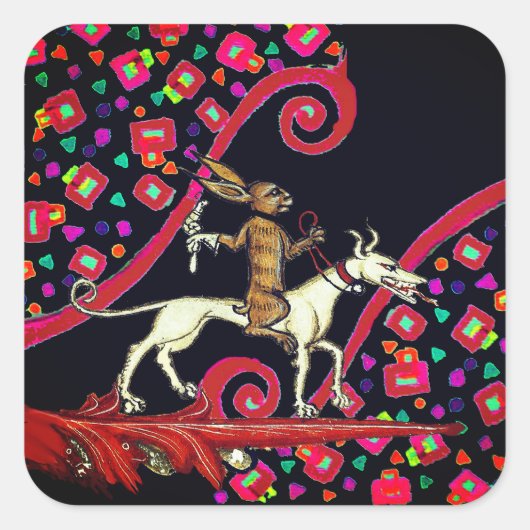 RARE MIDDELEEUWSE BESTIARY Konijn Rijden op een Wi Vierkante Sticker (Voorkant)