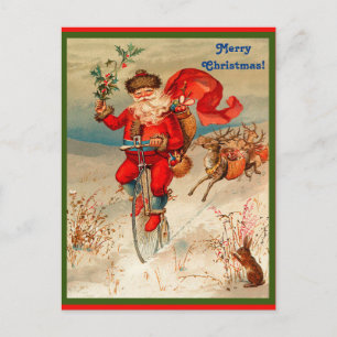 Rare Santa Claus on Velocipede Chased by Reindeer Feestdagenkaart