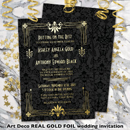 Raring 20-jaren twintigers Art Deco Gold Foil Wedd Folie Uitnodiging