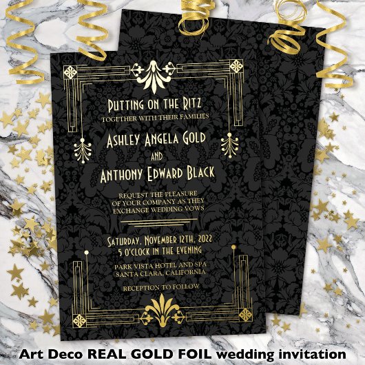 Raring 20-jaren twintigers Art Deco Gold Foil Wedd Folie Uitnodiging
