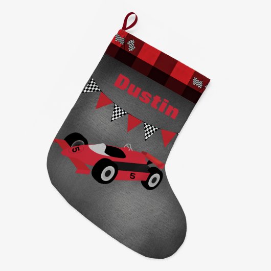 Ras-auto met gecheckte vlaggen grote kerstsok (Voorkant (Hangend))