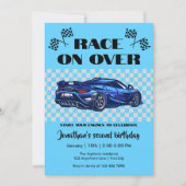 Ras met een moderne blauwe sportauto, elke leeftij kaart (Voorkant)