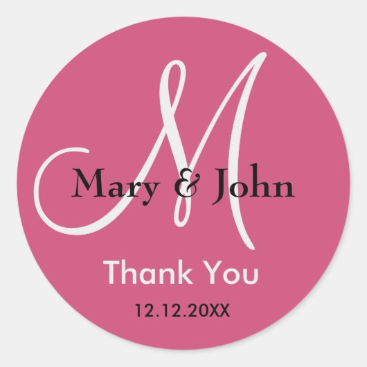 Rasberry roze dank u bruiloft monogram gunst ronde sticker (Voorkant)