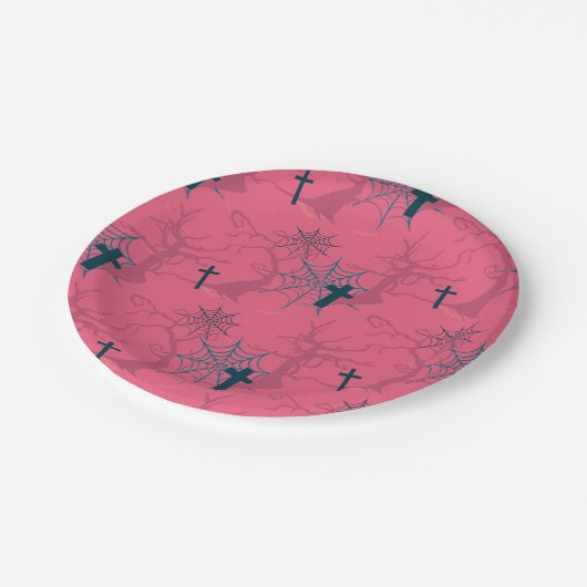 Rasbessen Roze spinweb, griezelboom en graf Papieren Bordje (Gekanteld)