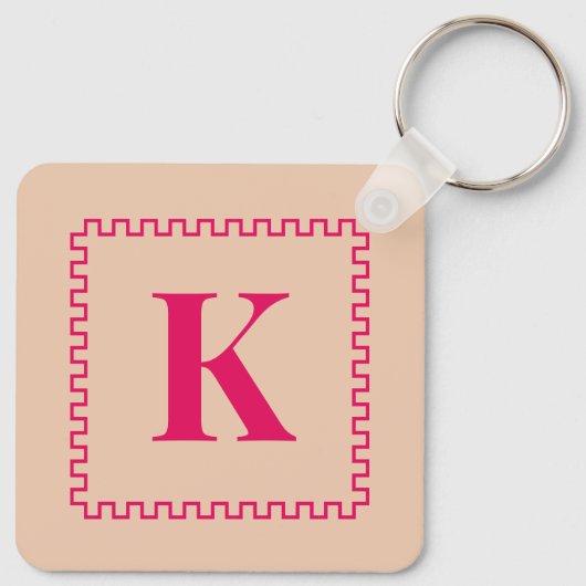 Raspberry and Desert Sand Square Border Monogram Sleutelhanger (Achterkant)