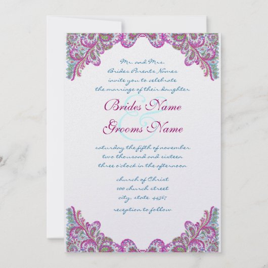 Raspberry & Aqua on Ice Paisley Wedding Invitation Kaart (Achterkant)