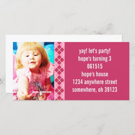 Raspberry Argyle Birthdy Fotouitnodiging (Voorkant / Achterkant)