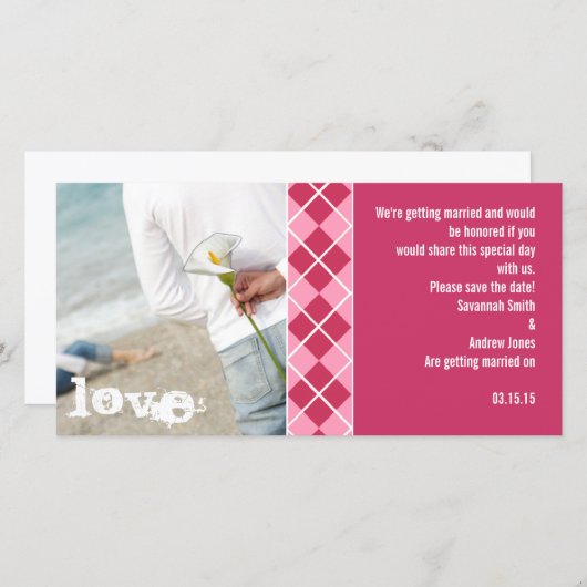 Raspberry Argyle en Roze sparen de Datum Modern In Save The Date (Voorkant / Achterkant)
