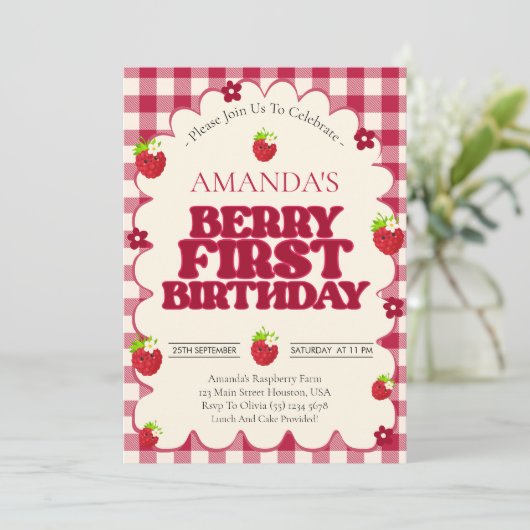Raspberry Berry First 1st Birthday Party Kaart (Staand voorkant)