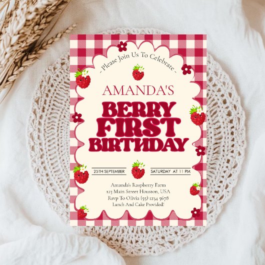 Raspberry Berry First 1st Birthday Party  Kaart