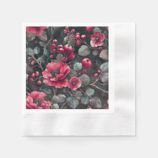 Raspberry, burgundy flowers on dark gray servet (Voorkant)