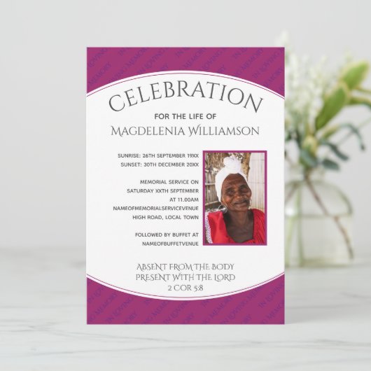 Raspberry CELEBRATION OF LIFE Photo Funeral Kaart (Staand voorkant)