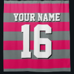 Raspberry Charcoal Sports Jersey Preppy Stripe Douchegordijn<br><div class="desc">Preppy Striped Team Jersey / Sports Jersey / Football Jersey / Rugby Jersey met aangepaste naam Pas dit aan met uw eigen naam of teamnaam en een nummer. U kunt de grootte, de kleur en de plaatsing van de tekst wijzigen als u wijzigingen moet aanbrengen, de kleur van de tekstschaduw...</div>