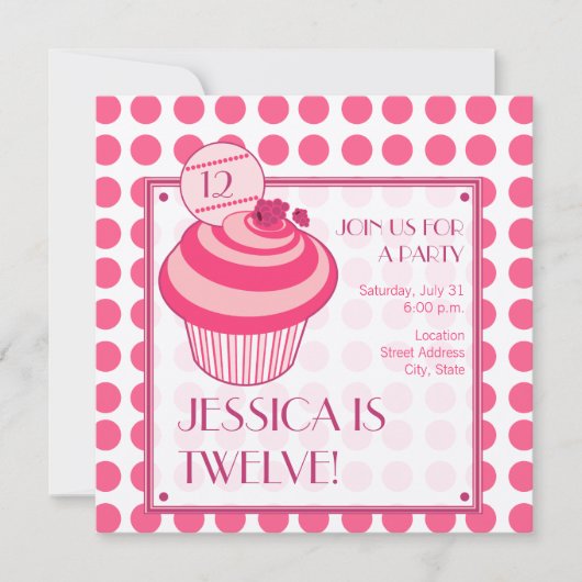 Raspberry Cupcake Birthday Party Invitation Kaart (Voorkant)