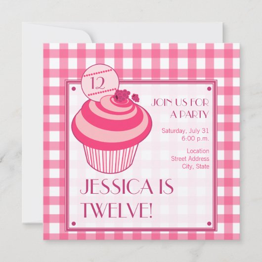 Raspberry Cupcake Birthday Party Invitation Kaart (Voorkant)