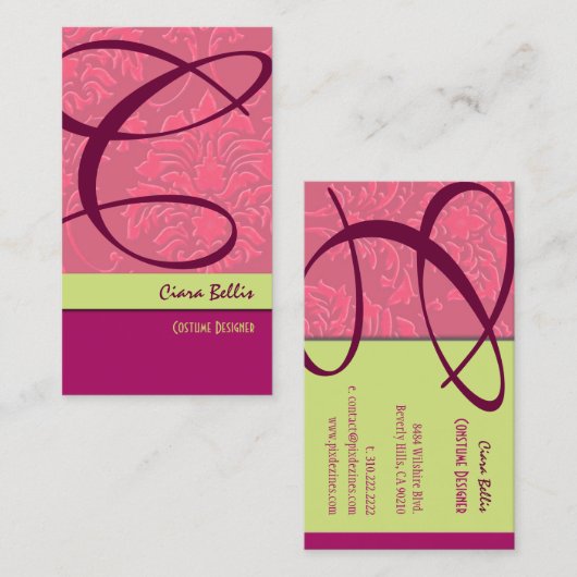 Raspberry Damask Monogram Visitekaartje (Voorkant / Achterkant)