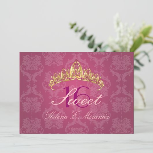 Raspberry Damask Sweet 16/ tiara/ uitnodigingen (Staand voorkant)