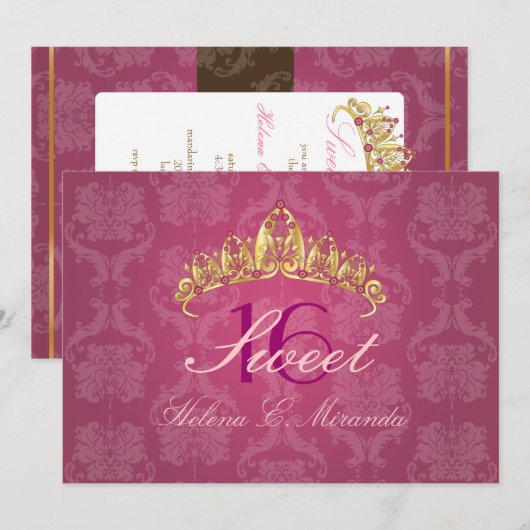 Raspberry Damask Sweet 16/ tiara/ uitnodigingen (Voorkant / Achterkant)