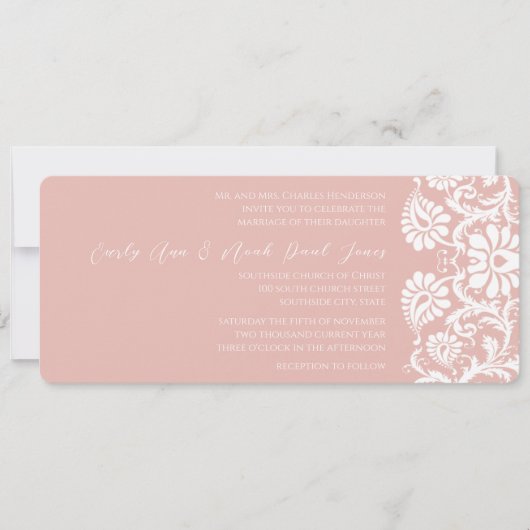 Raspberry Damask Swirls Wedding Invitation Kaart (Voorkant)