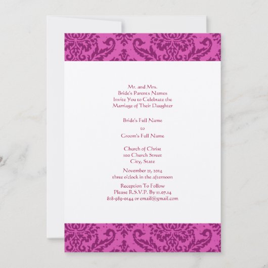 Raspberry Damask Wedding Invitation Kaart (Voorkant)