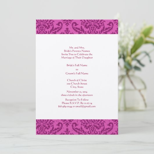 Raspberry Damask Wedding Invitation Kaart (Staand voorkant)