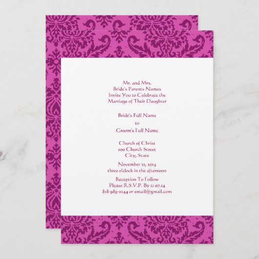 Raspberry Damask Wedding Invitation Kaart (Voorkant / Achterkant)