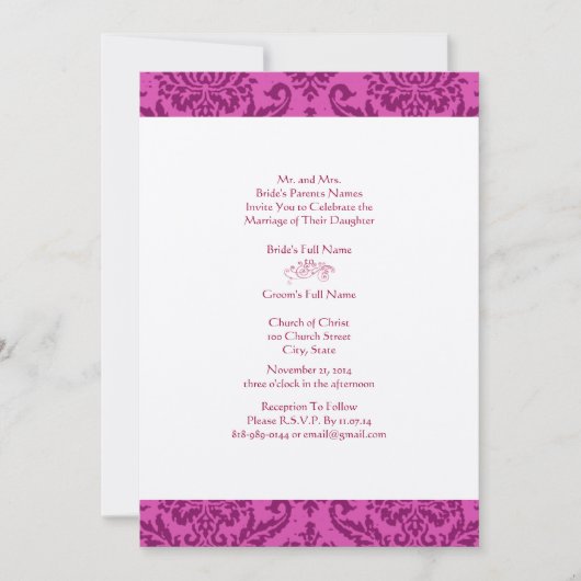 Raspberry Damask Wedding Invitation Kaart (Voorkant)