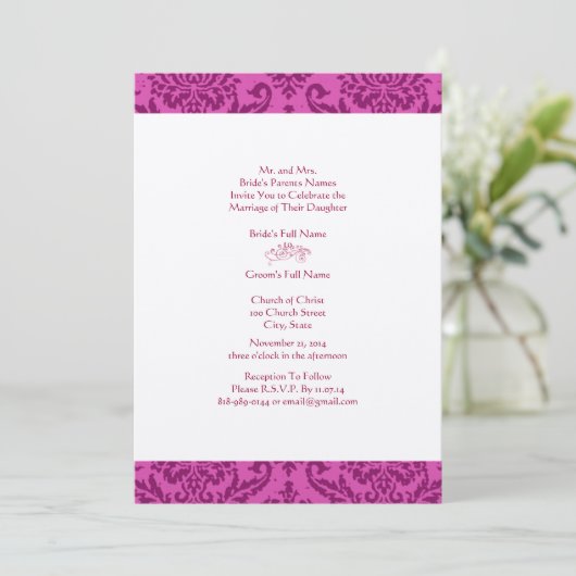 Raspberry Damask Wedding Invitation Kaart (Staand voorkant)