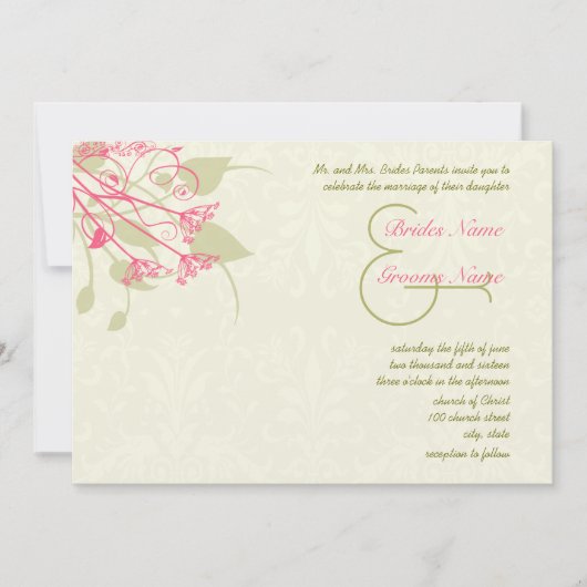 Raspberry Dandelion Damask Wedding Invitations Kaart (Voorkant)