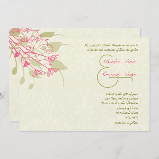 Raspberry Dandelion Damask Wedding Invitations Kaart (Voorkant / Achterkant)