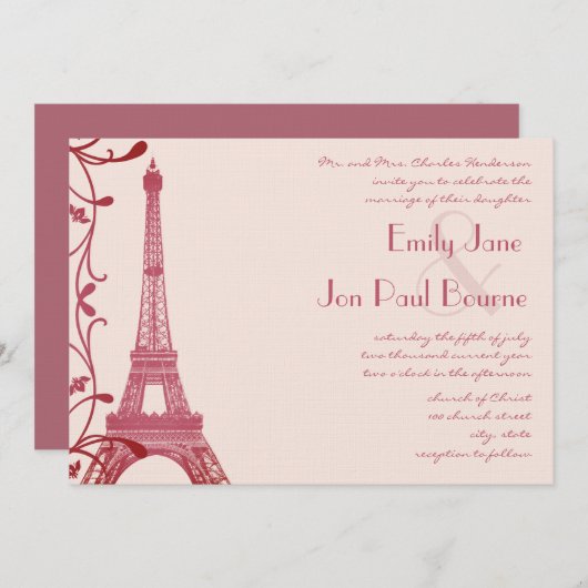 Raspberry Eiffel Tower Pink Wedding Invite Kaart (Voorkant / Achterkant)
