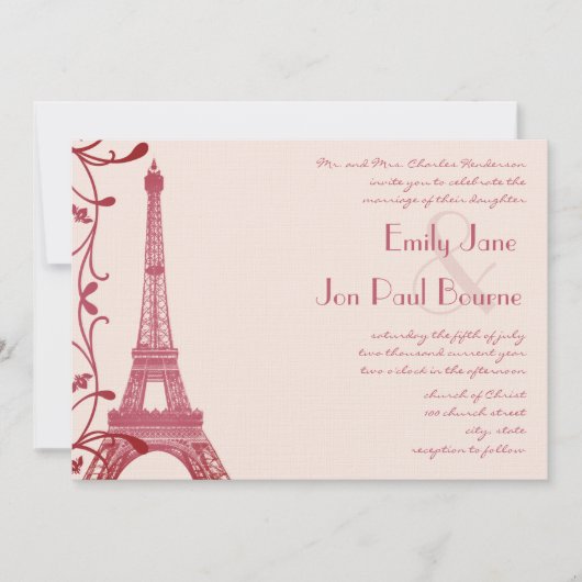 Raspberry Eiffel Tower Pink Wedding Invite Kaart (Voorkant)