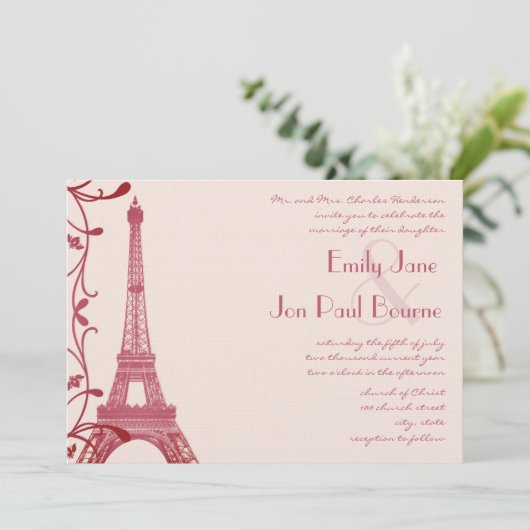Raspberry Eiffel Tower Pink Wedding Invite Kaart (Staand voorkant)