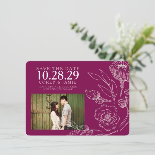 Raspberry Elegant Bloemen Huwelijk Save The Date (Staand voorkant)