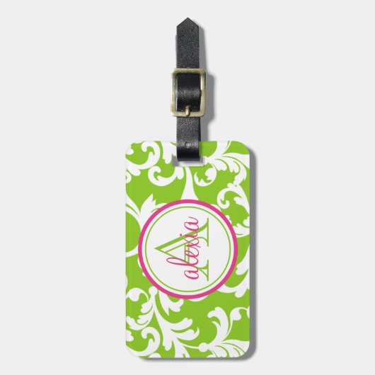Raspberry en Limoen Monogrammed Damask Print Bagagelabel (Voorkant verticaal)