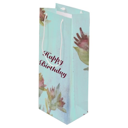 Raspberry Floral Waterverf Wine Gift Bag Wijn Cadeautas (Voorkant Gekanteld)