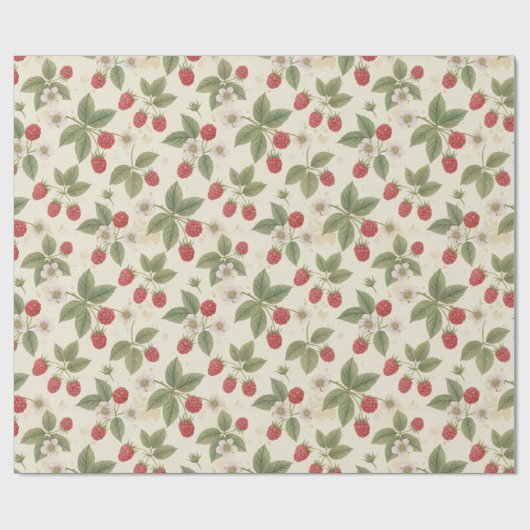 Raspberry Fruit Bunches with Leaves and Blossom Cadeaupapier (Vlak)