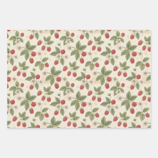 Raspberry Fruit Bunches with Leaves and Blossom  Inpakpapier Vel (Voorkant)