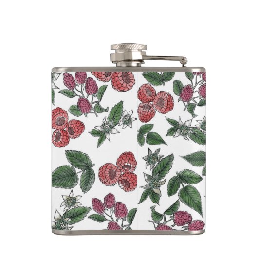 Raspberry Fruit Leaves Illustration Pattern Heupfles (Achterkant)