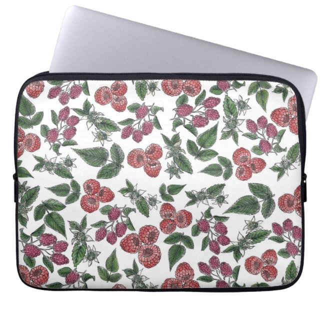 Raspberry Fruit Leaves Illustration Pattern Laptop Sleeve (Voorkant)