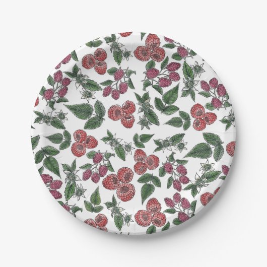 Raspberry Fruit Leaves Illustration Pattern Papieren Bordje (Voorkant)