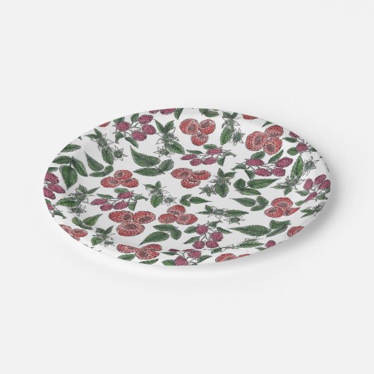 Raspberry Fruit Leaves Illustration Pattern Papieren Bordje (Gekanteld)