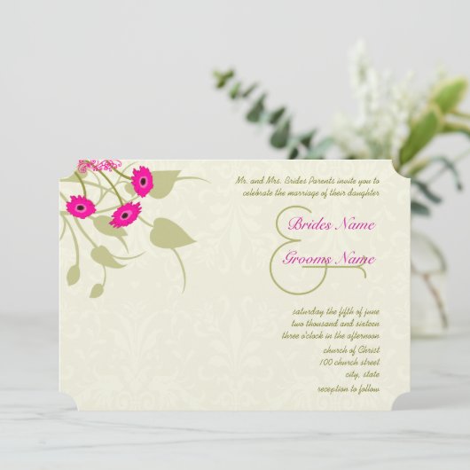 Raspberry Gerber Damask Wedding Invitations Kaart (Staand voorkant)