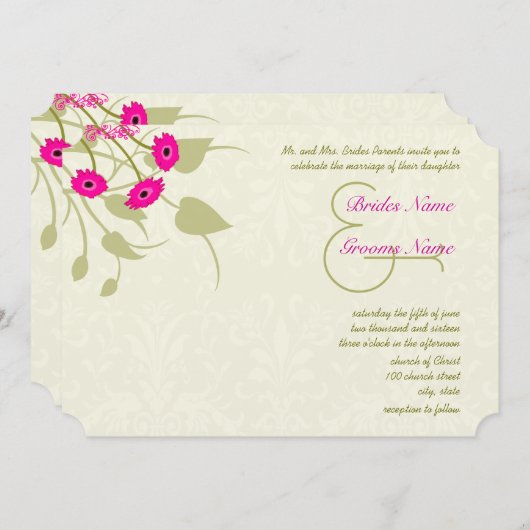 Raspberry Gerber Damask Wedding Invitations Kaart (Voorkant / Achterkant)