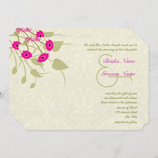 Raspberry Gerber Damask Wedding Invitations Kaart (Voorkant / Achterkant)
