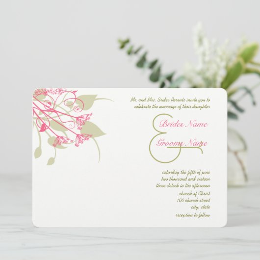 Raspberry Gerber Damask Wedding Invitations Kaart (Staand voorkant)