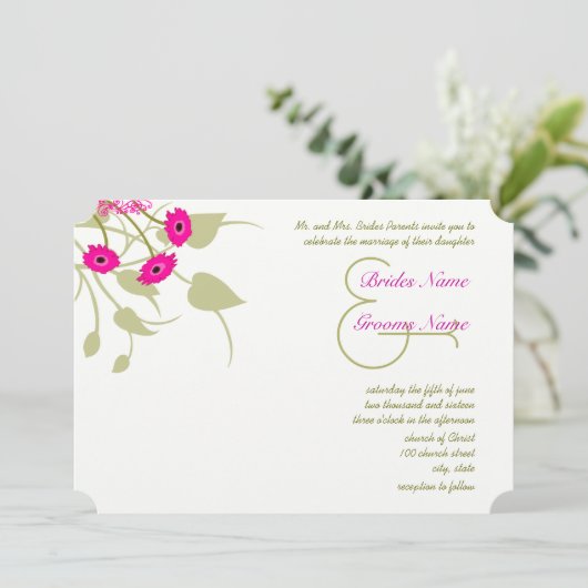 Raspberry Gerber Damask Wedding Invitations Kaart (Staand voorkant)