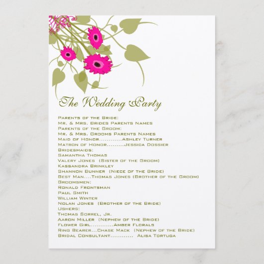 Raspberry Gerbers Wedding Programme Programmakaart (Achterkant)